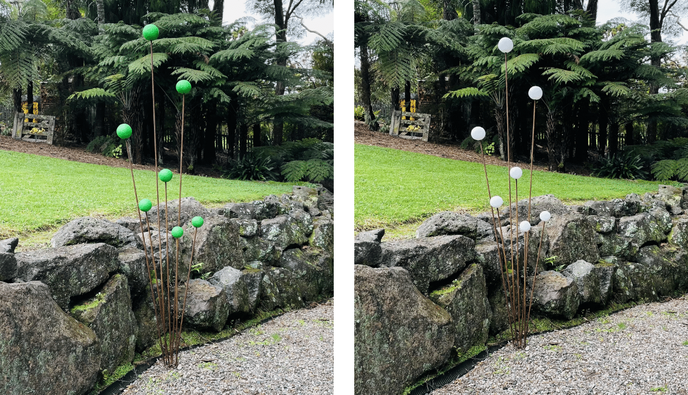 Green and white seed pod sculptures